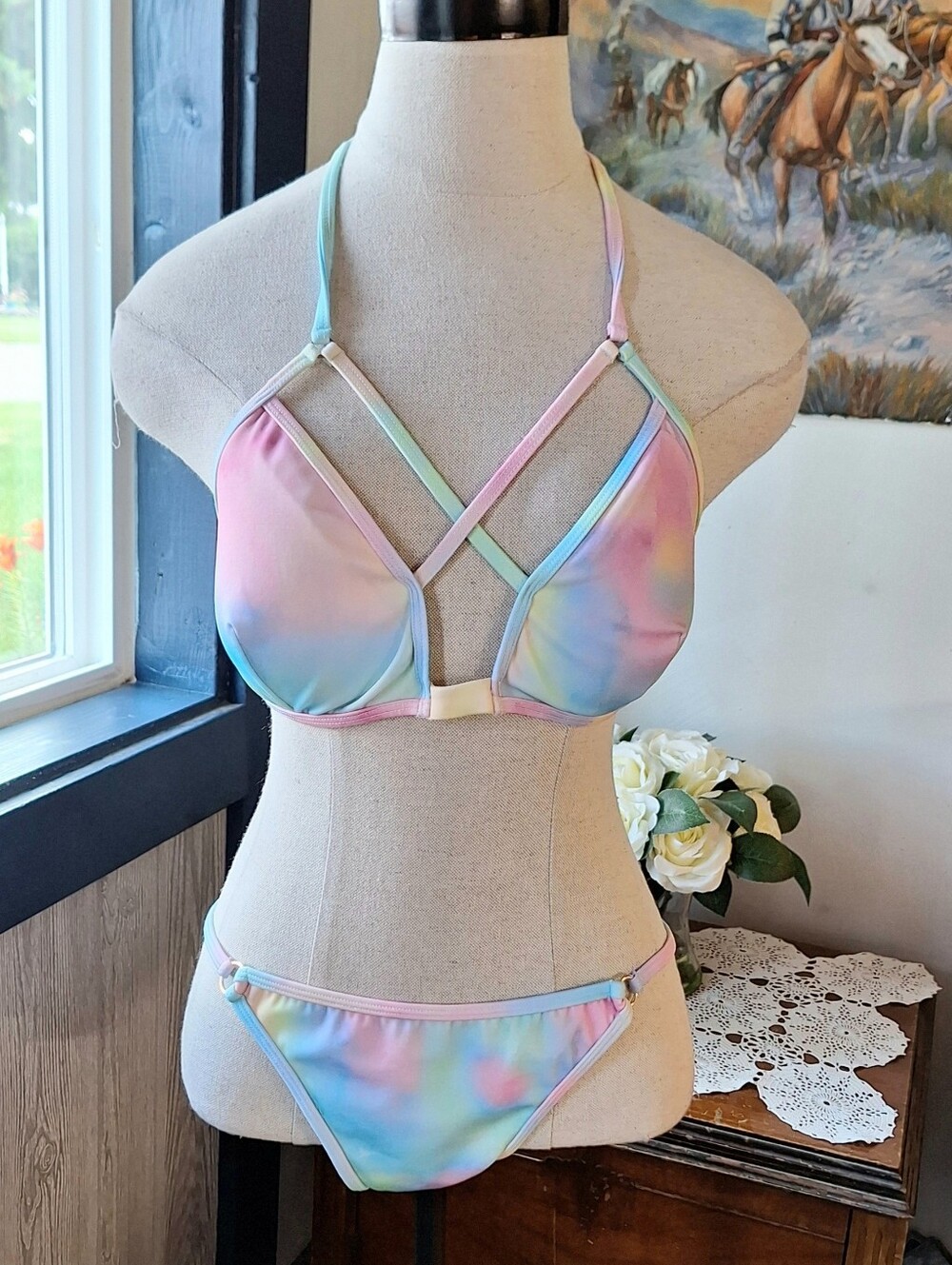 Plumeria Swimwear "Unicorn" Tie-Dye Strappy Brazilian Cut Bikini, Large🌞